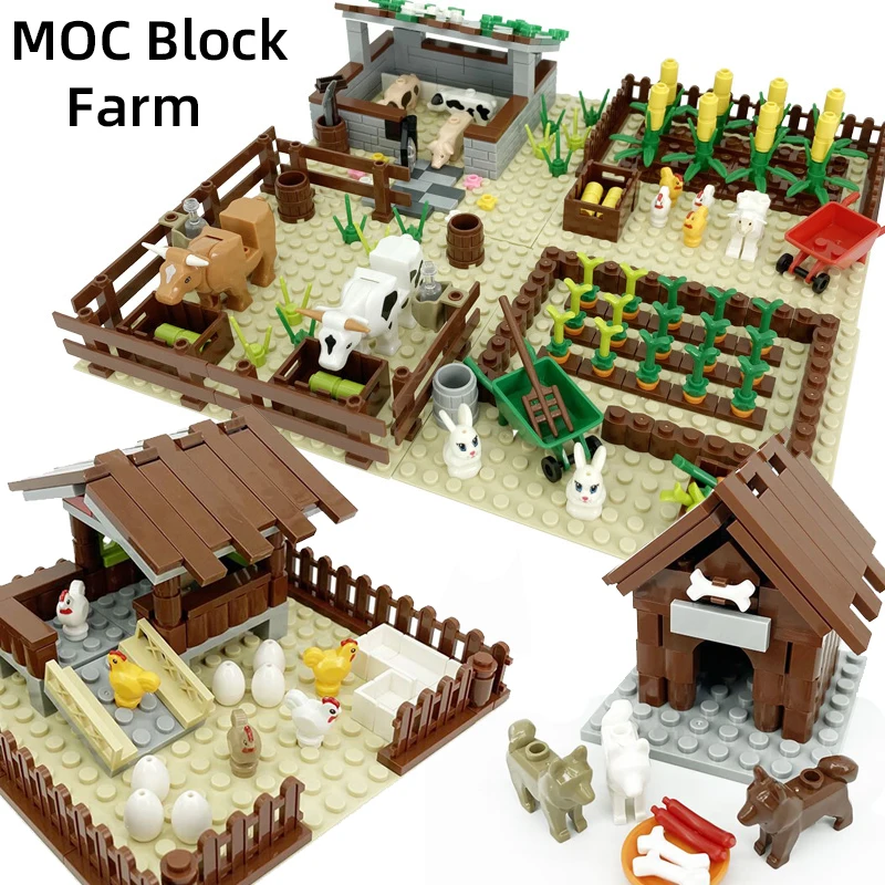 

MOC Farm Ranch Dog Kennel Chicken Coop Building Block Toys Animal Corn Carrot Rabbit Hen Egg Cow Bull Pig Shed House