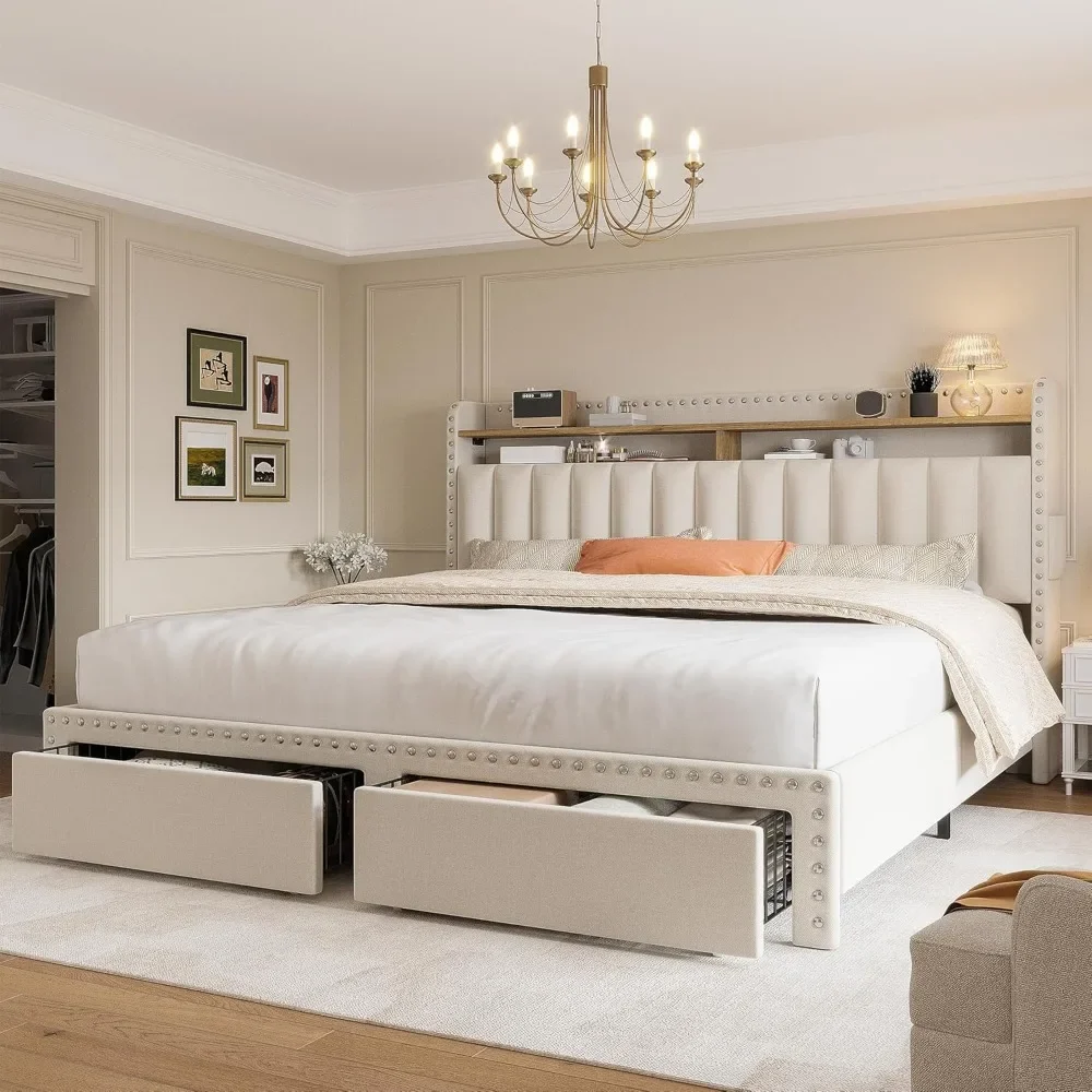 Queen Bed Frame with Headboard and Storage Upholstered Size 2 Drawers