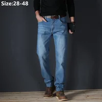 Plus Size Straight Jeans Men 48 46 44 Loose Black Light Blue Stretch Big Classic Slim Fit Brand Male Pants Elastic Denim Trouser 1