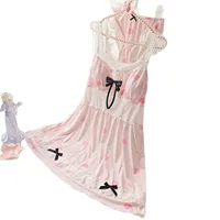 Women Heart Print Ice Silk Nightgown Set Spaghetti Strap Bow Lace Sleep Dress With Built-in Bra Pad Cute Sweet Home Lingerie Paj - Image 5