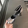 Brand Designer Tabi ninja high heels shoes woman ankle strap silver crack leather pumps split toe D'orsay mary janes shoes woman 1