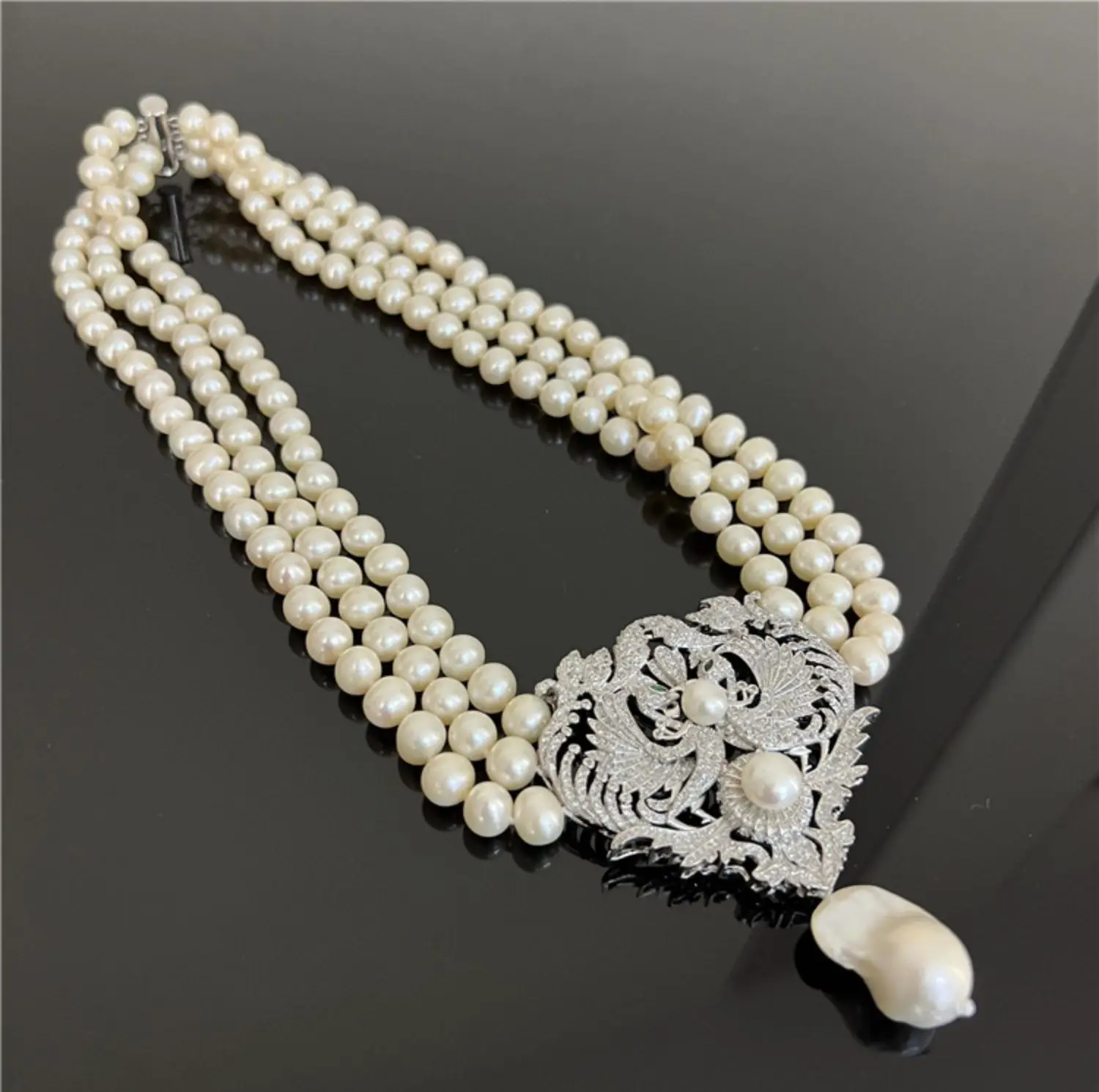 Natural 3 Strands8-9mm Freshwater Cultured White Pearl Necklace CZ Cubic Zirconia Pave Pendant Handmade For Women