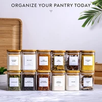 12 Units 200ml Square Glass Storage Jars Bamboo Cover Sealed Glass Bottle Kitchen Seasoning Storage Tank 1