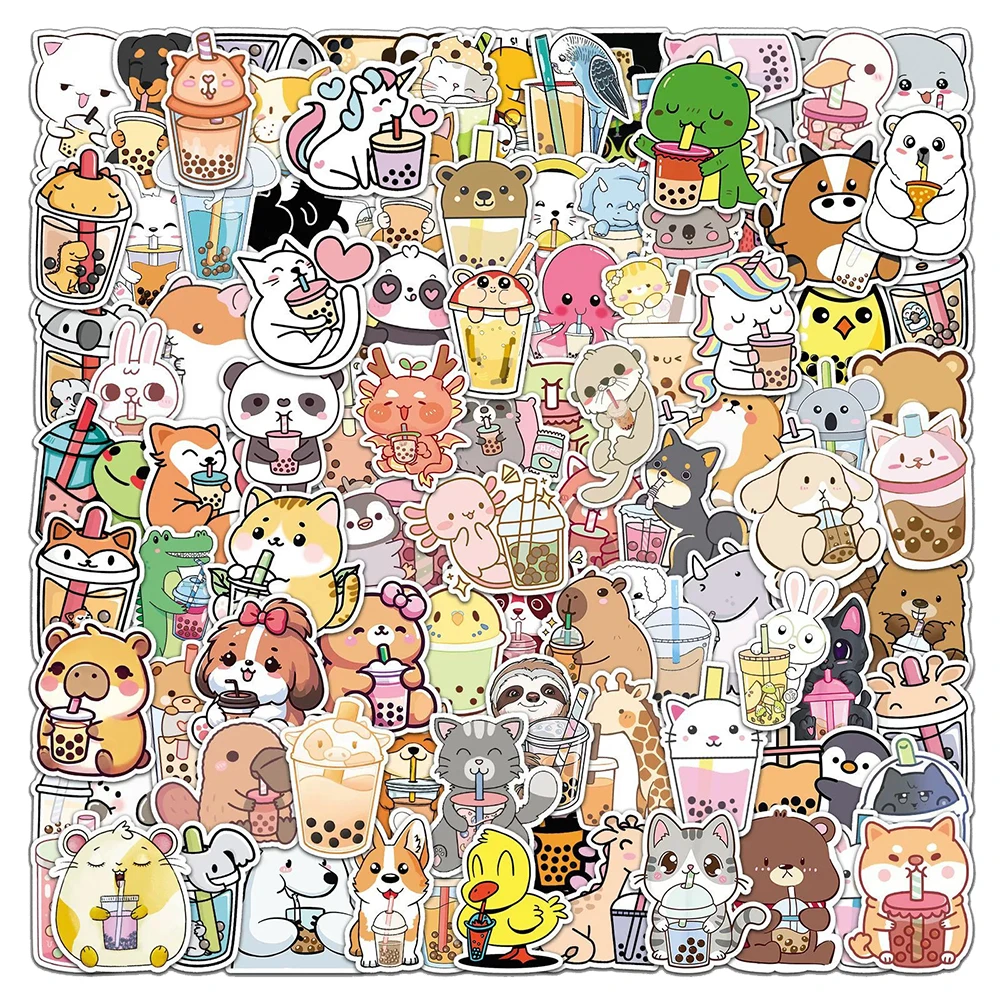 Cute Cartoon Animal Boba Tea Graffiti Stickers - Fun Decorative Decals for Suitcase, Guitar, and Laptop