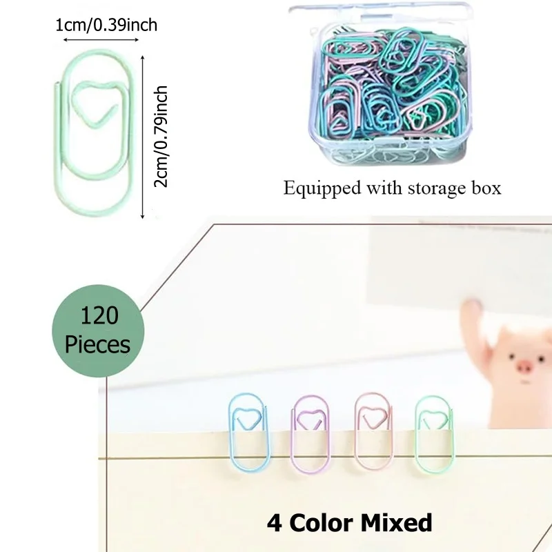 120Pcs/Box 4 Color Mixed 20mm Mini Bookmark Gold Color Heart Clip Bookmark Metal Paper Clips Binder Clip Office Accessories