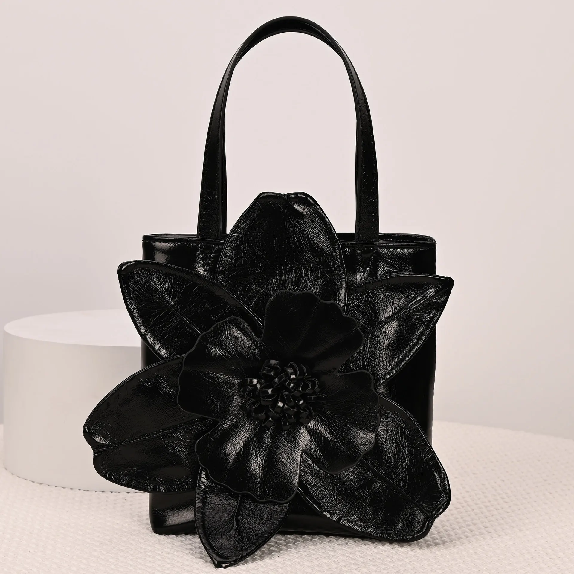 3D Floral Soft PU Leather Women Bucket Handbag Wedding Purse Dress Party Evening Bridal Clutch Bag