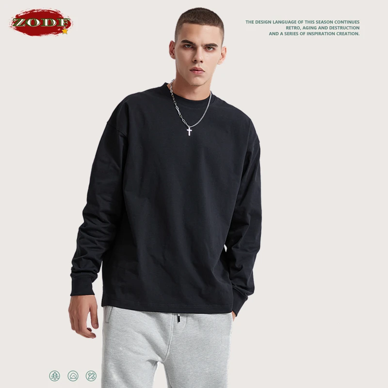 

ZODF 2022 Autumn Heavy Weight 320gsm Cotton T-Shirts For Men Unisex Solid Full Sleeve Oversized T Shirt Streetwears HY0453
