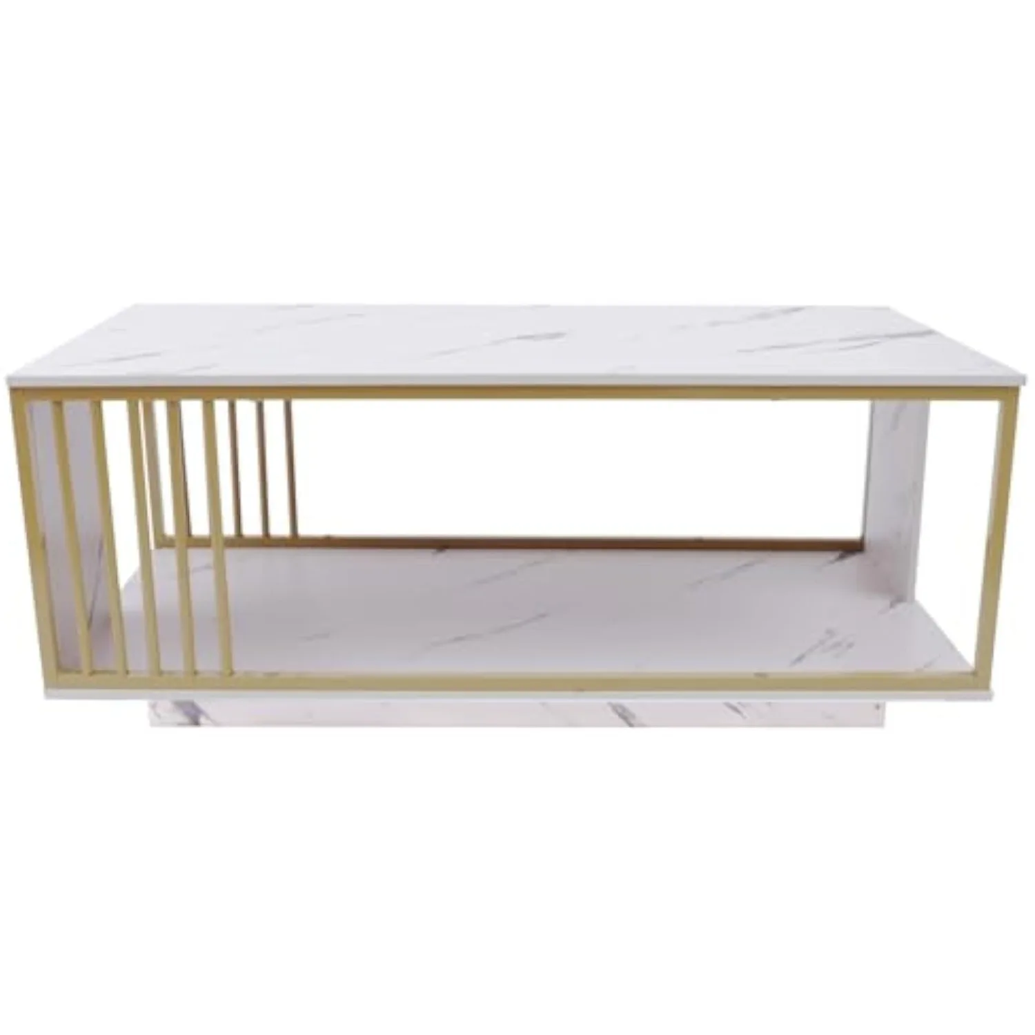 Modern White Marble Veneer Coffee Table, 2 Tier Rectangular Coffee Table with Gold Frame Sofa End Table for Living Room Bedroom 5