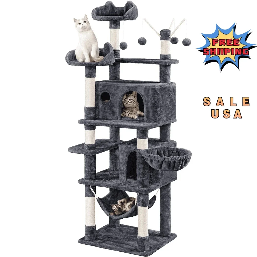 

67" H Multi-Level Cat Tree Tower with 2 Cat Condos & Hammock Basket, Dark Gray Pet Products Cat Supplies