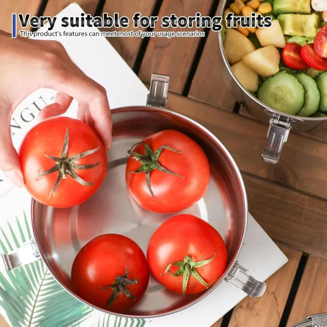 Boîte à déjeuner ronde en acier inoxydable avec couvercle, boîtes à Bento portables anti-fuite, conteneur de stockage des aliments, conteneurs de bol de pique-nique de Camping 2