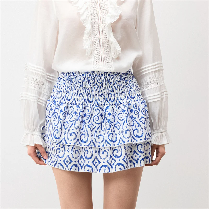 Minifalda de verano para mujer, con estampado floral, elástica, de cintura alta, con volantes escalonados, faldas cortas de corte A, faldas para salir, ropa de calle