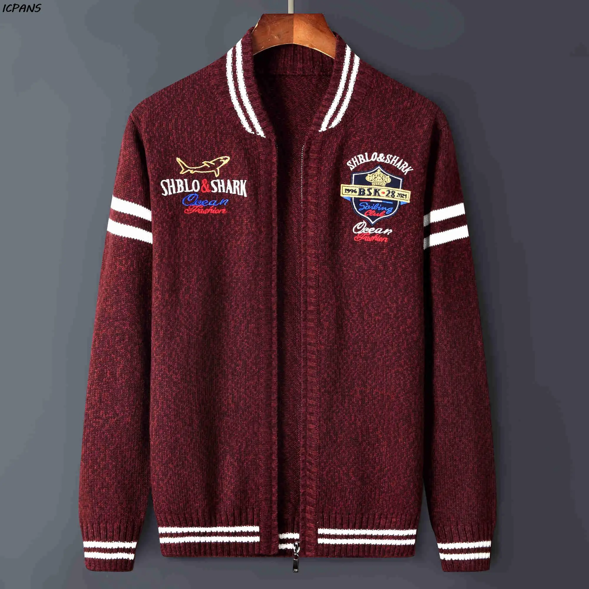 Shark Letter Vintage Zipper Male Sweater knitted Brand Clothing Striped Letter Mens Cardigan Autumn Coat Outwear Black Red
