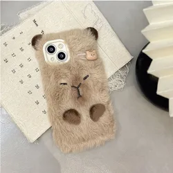Ins Korean Cute 3D Capybara Winter Furry Fluffy Fur Shockproof Soft Case for iPhone 14 Pro (Khaki)