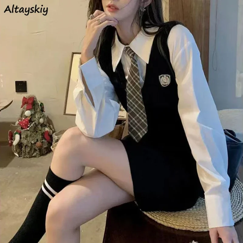 

Dresses Women Elegant Preppy Style Autumn Spring Students Vintage Sweet Dating Vestidos Patchwork Fake 2 Pcs Fashionable