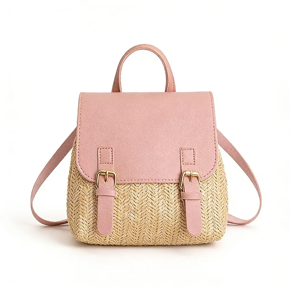 Elegant Vintage-Style Woven PU Leather Straw Backpack