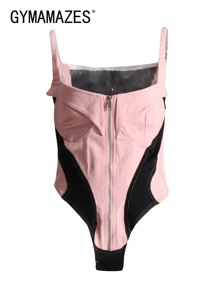 

GYMAMAZES Patchwork Zipper Hit Color Denim Playsuits For Women Square Collar Sleeveless High Waist Sexy Playsuit Female Fashion