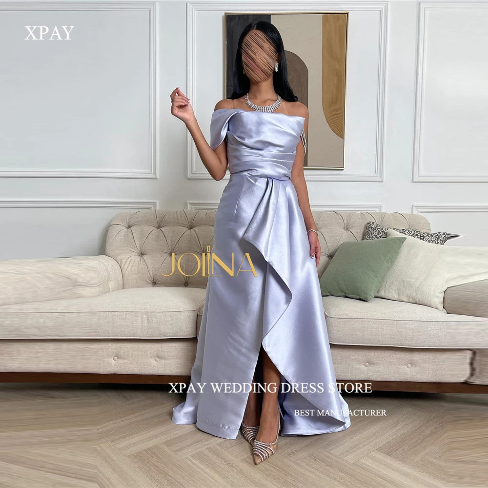 

XPAY Elegant Violet Satin A Line Evening Dresses Saudi Arabic Women Off the Shoulder Split Floor Length Prom Gowns Formal Party