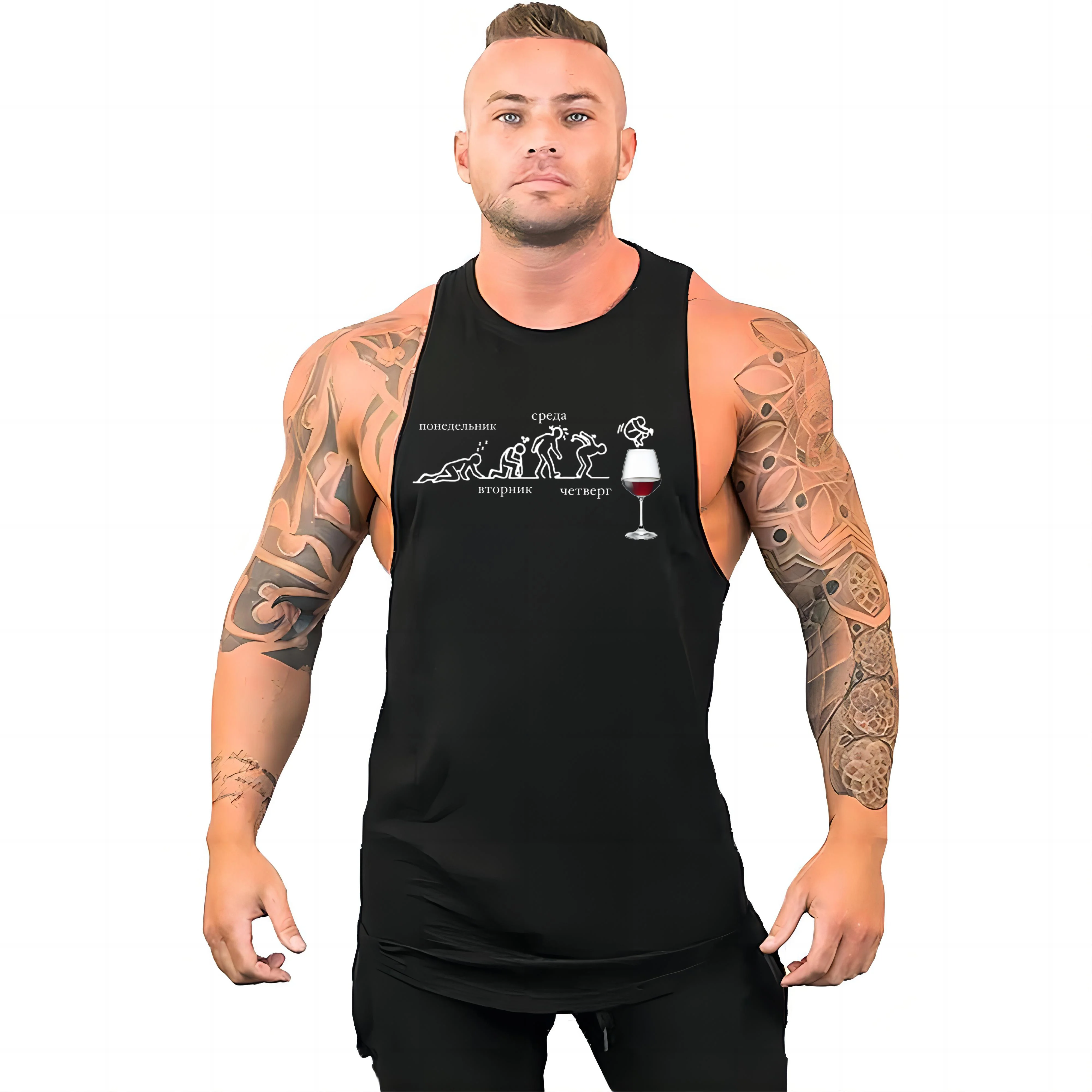 

All-new Summer Gym Workout Men's O-collar Sports vest Casual Street Fun Hip Hop men's Black Vest Friday Red Wine Print tops