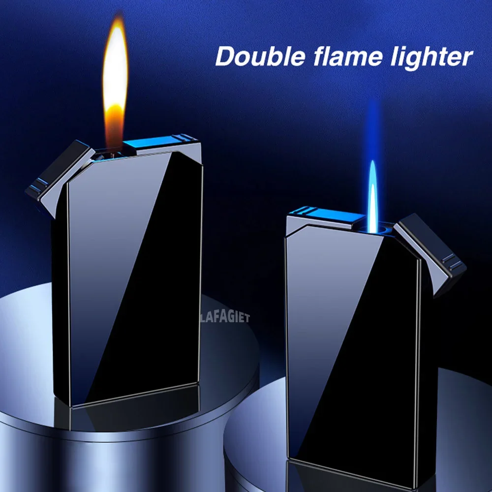 Dual Flame Butane Gas Lighter Outdoor Windproof Blue Fire Turbo Jet Flame Cigar Lighter Gradient Creative Men Smoking Gadgets butane gas lighter cigarette lighter