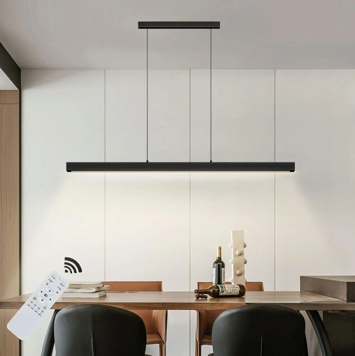 

Modern LED pendant light dining room dimmable hanging lamp dining table black, Linear design pendant light with remote control