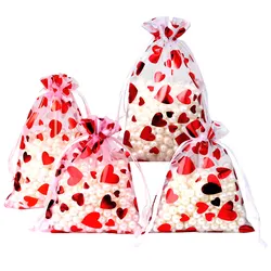 25/50pcs/lot Hot Red Printing Organza Gift Bag Love Heart Drawstring Pouches For Wedding Valentine Day Bag Gift Candy Packing