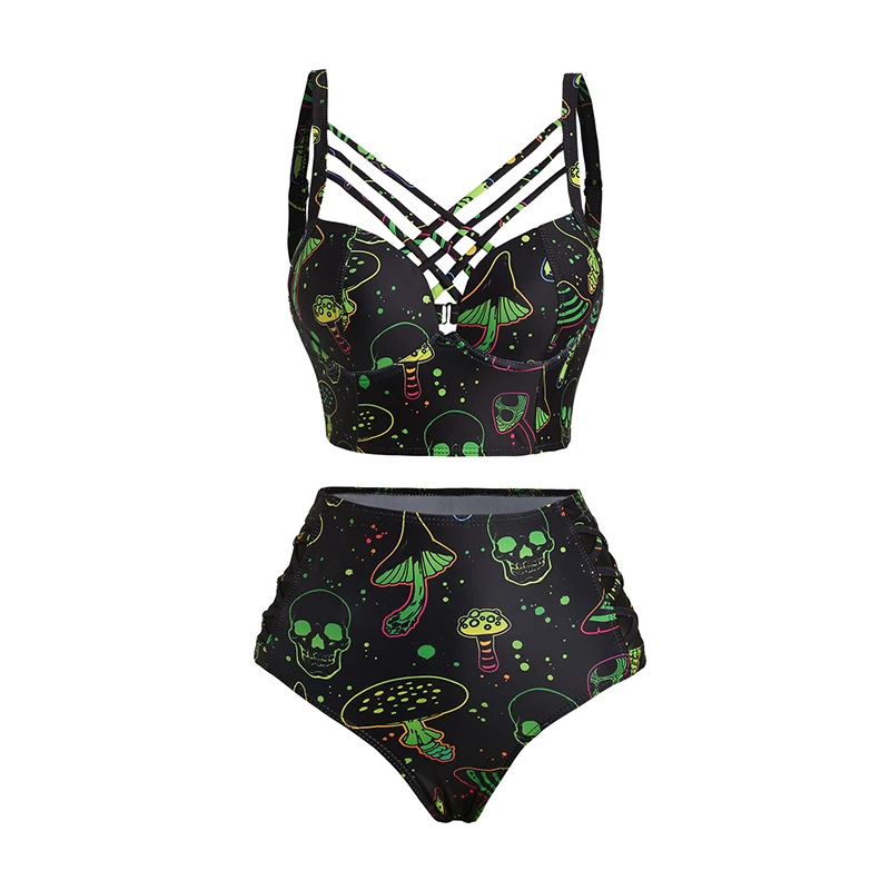 Galaxy Mushroom Skull Print Two Piece Bikini Set Crisscross Bikini Adjustable Spaghetti Strap Triangle Bottom Bathing Suit