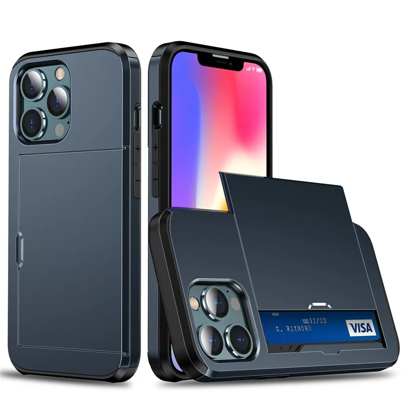 thumbnail image 1 of Slide Wallet Credit Card Slot Phone Case For iPhone 15 14 13 12 11 Pro X XR XS Max 7 8 Plus SE Armor TPU Shockproof Back Cover, 1 of 5