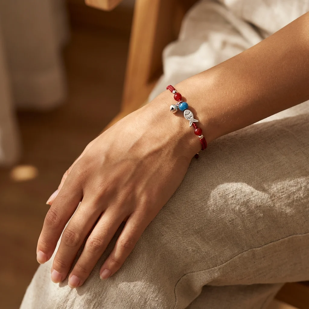 Minimalistisches Zartes Rotes Schnur-Armband für Frauen Niedliches Kleines Fischchen Rote Perle Verstellbares Wasserfestes Freundschaftsarmband Schmuckgeschenk