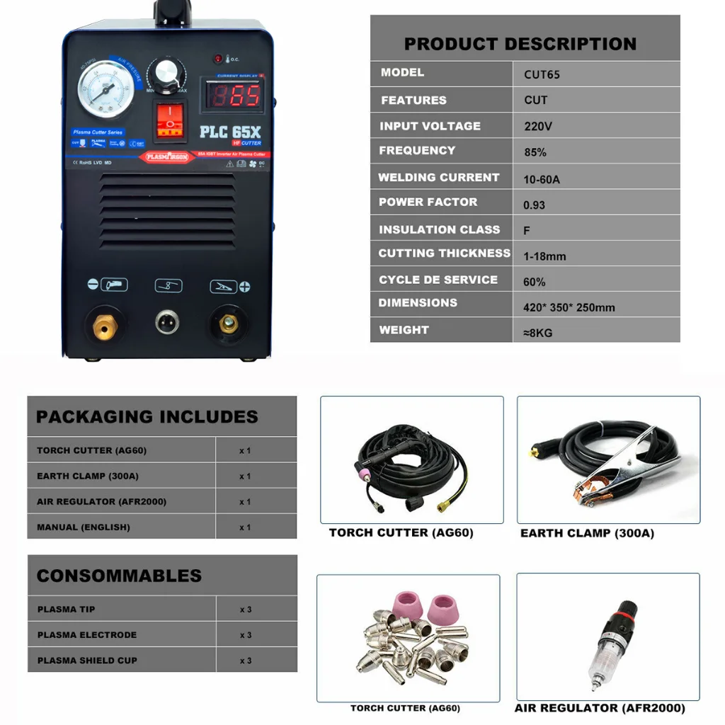 PLASMARGON PLC65X Plasma Cutter Machine Intelligent IGBT Inverter Plasma Cutter Machine HF CNC Plasma Cutting Equipment 14MM CUT 4