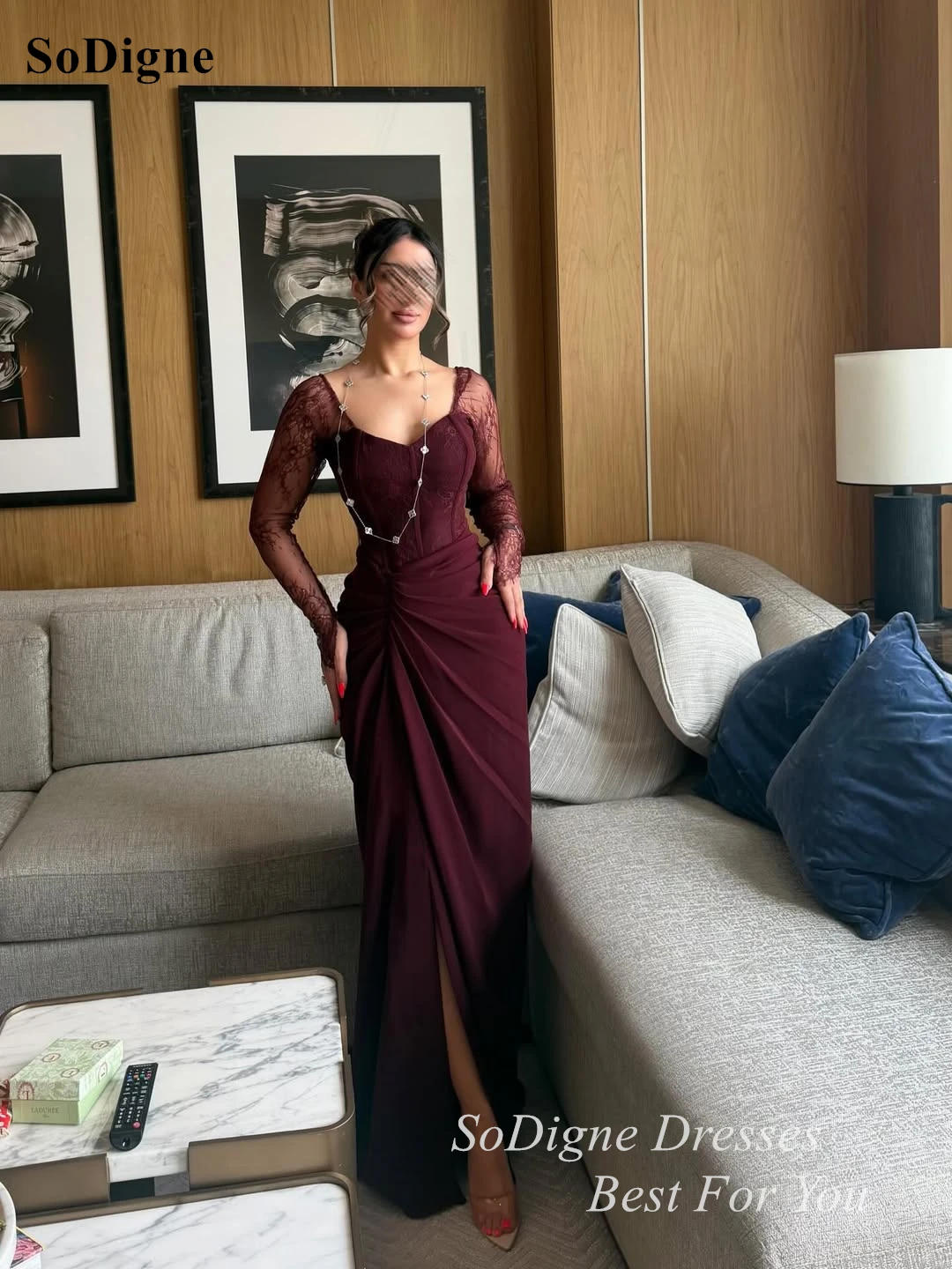SoDigne Sexy Lace Patchwork Chiffon Evening Dresses Full Sleeves Sheath Prom Dress Pleated High Slit Party Gowns 2026 Customized 3