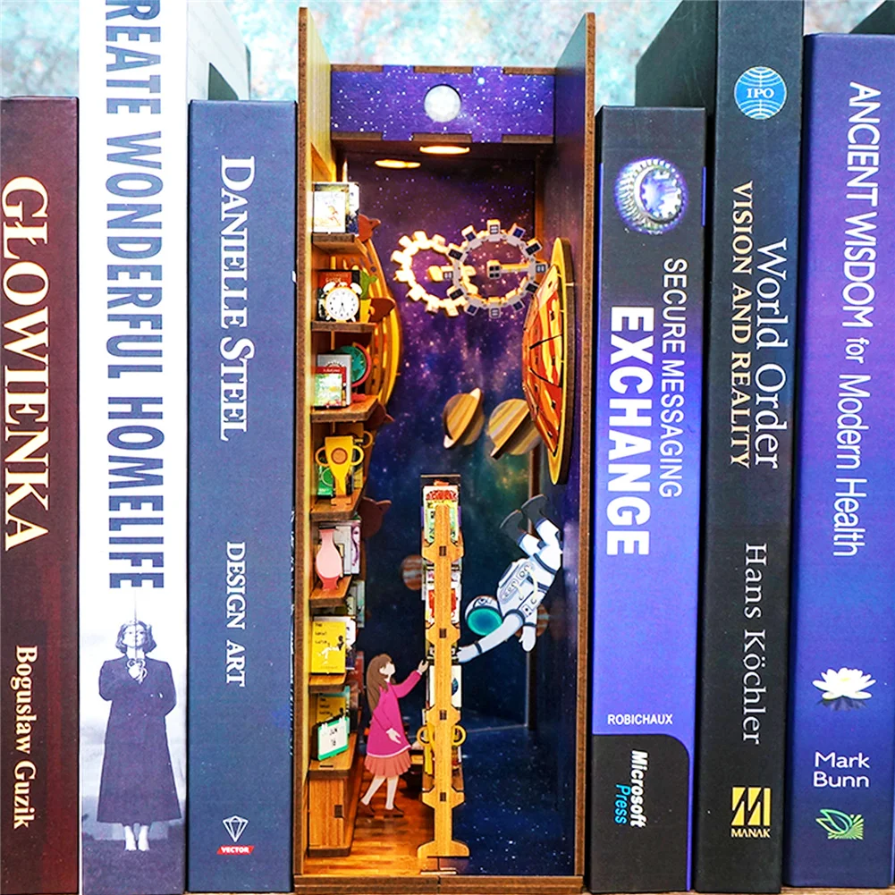 DIY Wooden Book Nook 3D Puzzles Dollhouse Bookend Bookshelf Insert Diorama Interstellar Light Up Doll Houses Booknook Kits Gifts diy wooden book nook 3d puzzles dollhouse bookend bookshelf insert diorama interstellar light up doll houses booknook kits gifts