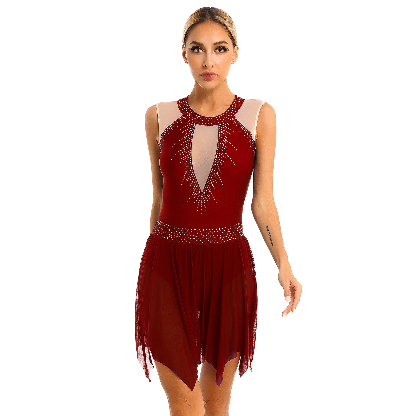 thumbnail image 1 of Trajes de baile lírico de ballet para mujer, vestidos transparentes con purpurina y diamantes de imitación, vestidos de patinaje artístico de manga larga, ropa de baile, 1 of 5