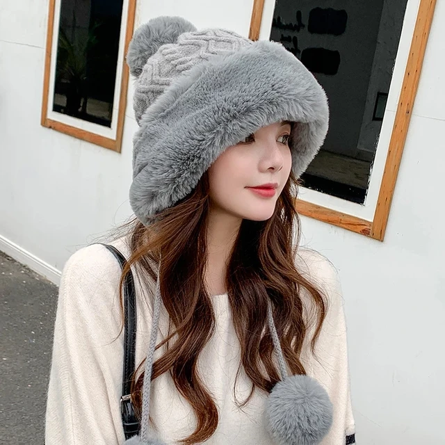  - Thicken hat new style ladies fur ball plus velvet warm hood outdoor autumn and winter cold-proof fashion cute woolen wholesale