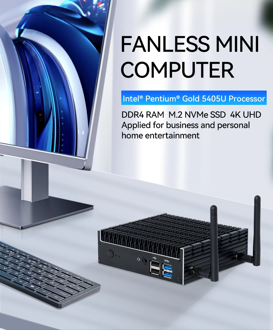 

Fanless Industrial MINI PC Computer Intel Pentium 5405U DDR4 M.2 NVME SSD 4K UHD WiFi Bluetooth WIndows 11 Linux Barebone