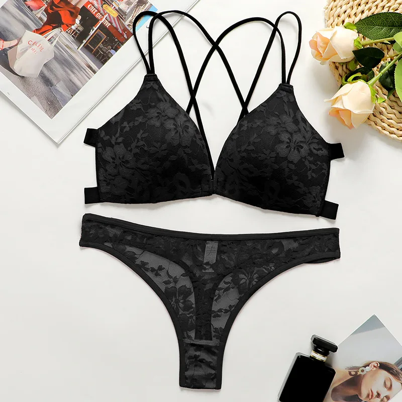 Hot Selling Sexy Lace Underwear Set European and American Style Backless Front Buckle Bra Set
