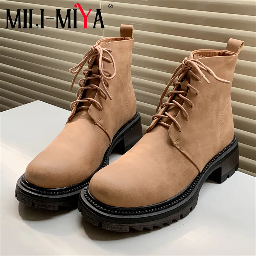 

MILI-MIYA New Arrival Classic Concise Martin Shoes Women Cow Leather Ankle Boots Round Toe Thick Heels Plus Size 34-42 Handmade