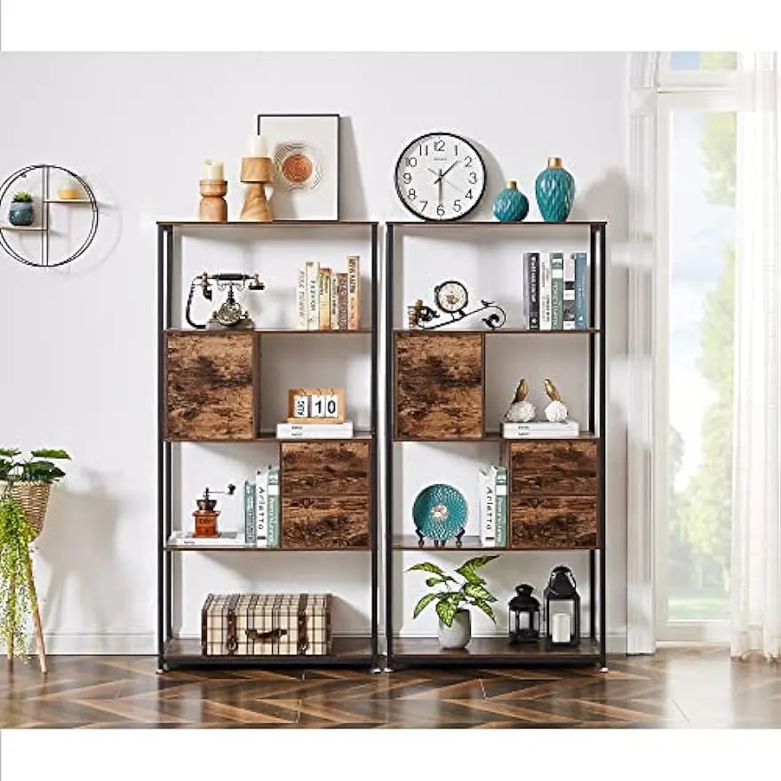 

VECELO 4-Tier Book Case Storage Bookshelf with Rack Shelves and Drawers for Living Room, Home Office, Library