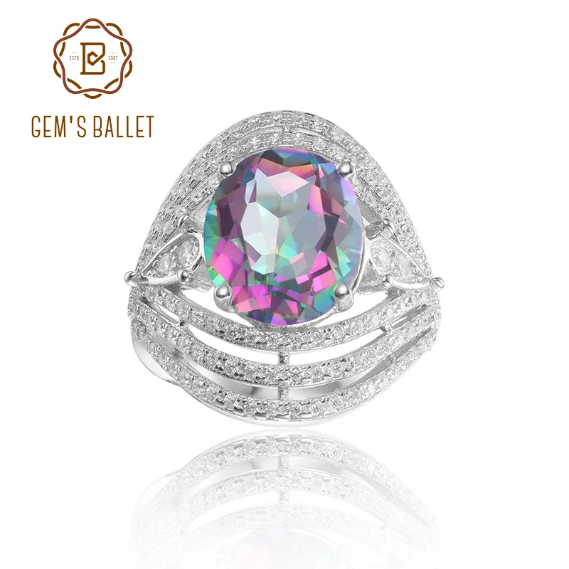 

GEM'S BALLET 925 Sterling Silver Gemstone Rings10x12mm Oval Rainbow Mystic Topaz Vintage Cocktail Ring For Women Fine Jewelry