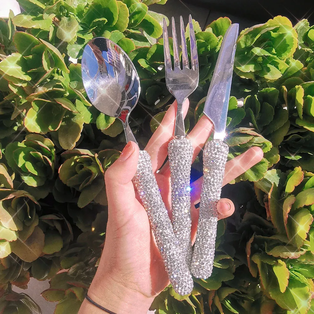 

Dinnerware Set 3 Pieces Cutlery Set Stainless Steel Western Tableware Classic Dinner Set Knife Fork Manual Mosaic Rhinestones