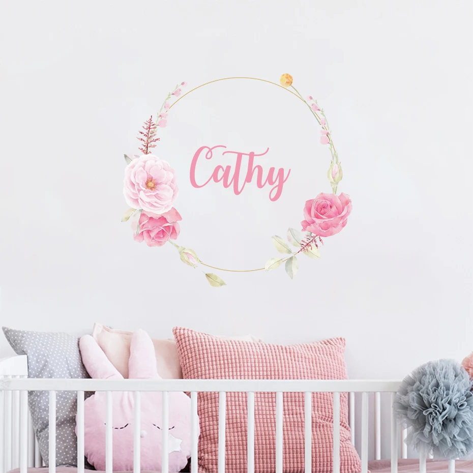 Nome personalizado flor - adesivos de parede - bebê menina - adolescente -  decalque de parede de berçário para decorações de quarto de bebê - adesivo  de decalque de parede mural para