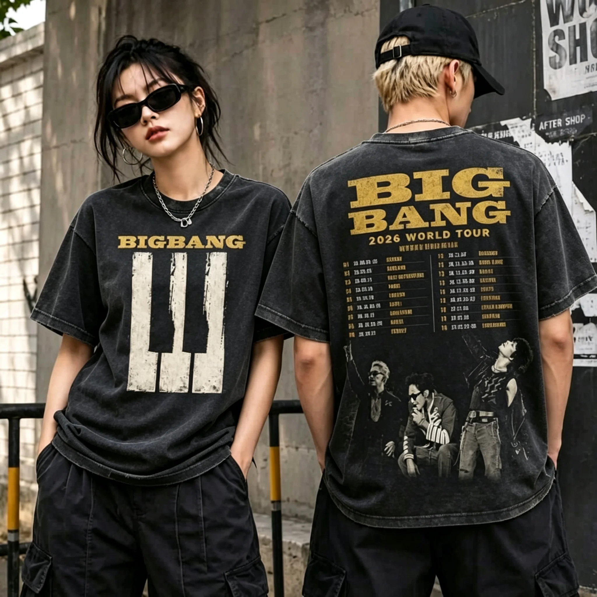 Bigbang 20. Jubiläumskonzert Vintage Washed Unisex Kurzarm-T-Shirt, 2026 World Tour Rückseitendruck Kpop Unisex Streetwear