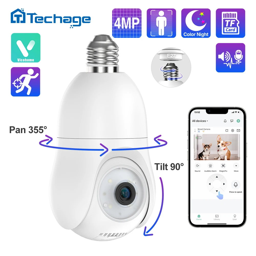 Techage 4MP Light Bulb WiFi Security IP Camera E27 Indoor Home Video Surveillance Full Color Night Vision AI Auto Human Tracking