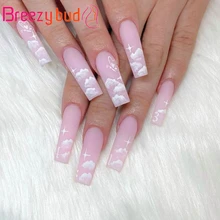 

Long Ballerina Fake Nails Pink Butterfly White Cloud Pattern Design Full Cover Nail Art Tips Detachable Finished Fingernails