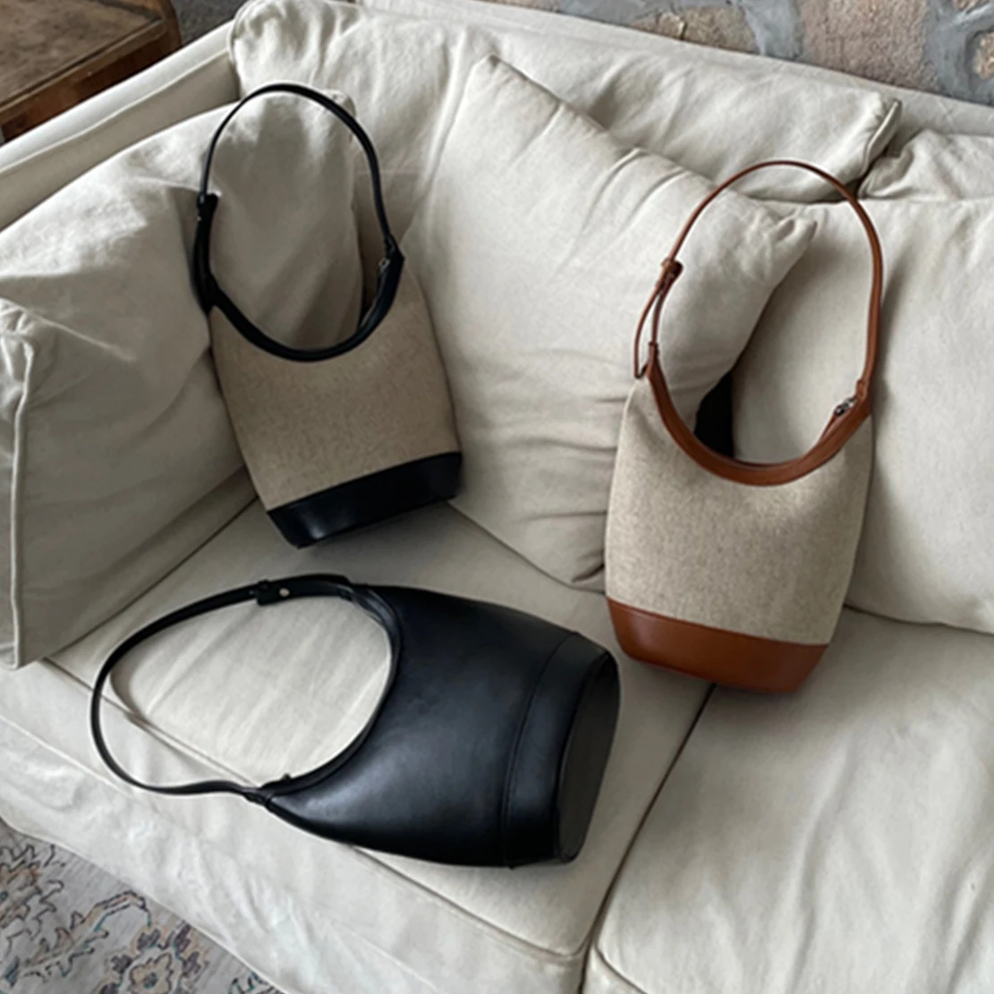 

Elmsk Retro Canvas Cowhide Patchwork Bag Women's Underarm Bag For 2024 SS