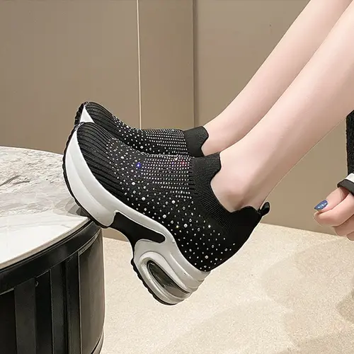 2025 High Quality Air Cushion Shoes For Women lightweight Breathable Hiking Shoes Rhinestone Platform wedge SLIP-ON sneakers - Image 6