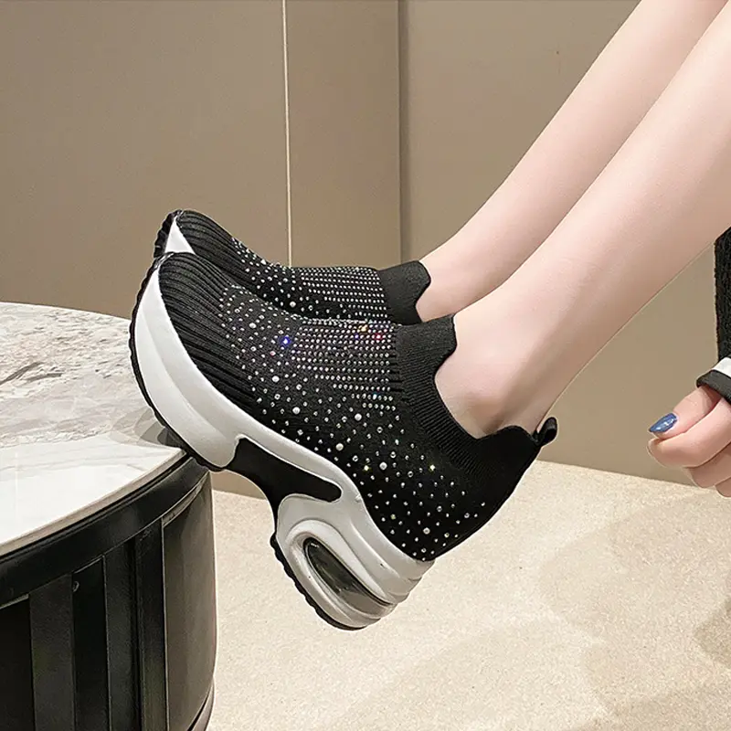 2025 High Quality Air Cushion Shoes For Women lightweight Breathable Hiking Shoes Rhinestone Platform wedge SLIP-ON sneakers - Image 6