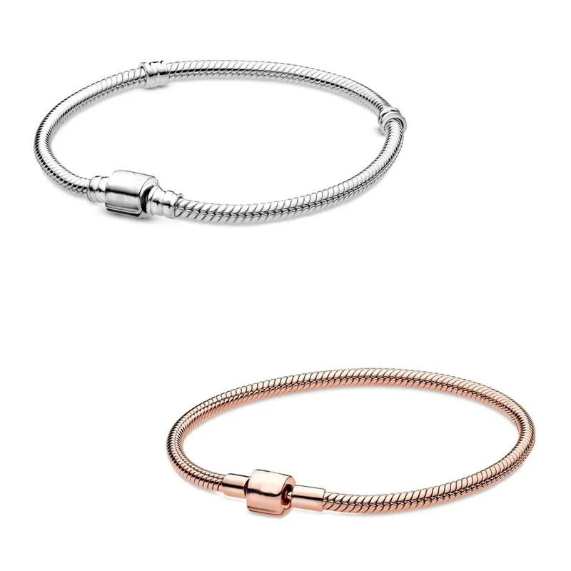 

Authentic 925 Sterling Silver Moments Barrel Clasp Snake Chain Bracelet Bangle Fit Bead Charm Diy Fashion Jewelry