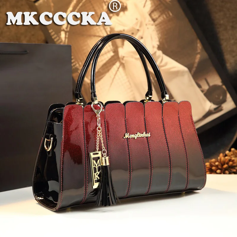 

splicing middle-aged women's bag luxurious women's single shoulder crossbody handbag patent leather grand and versatile bag