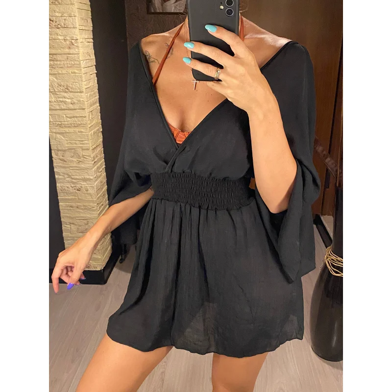 New Sexy V Neck Long Sleeve Backless Chiffon Tunic Beach Cover Up Beach Cover-ups Beach Dress Beach Wear Beachwear Bathing Suit