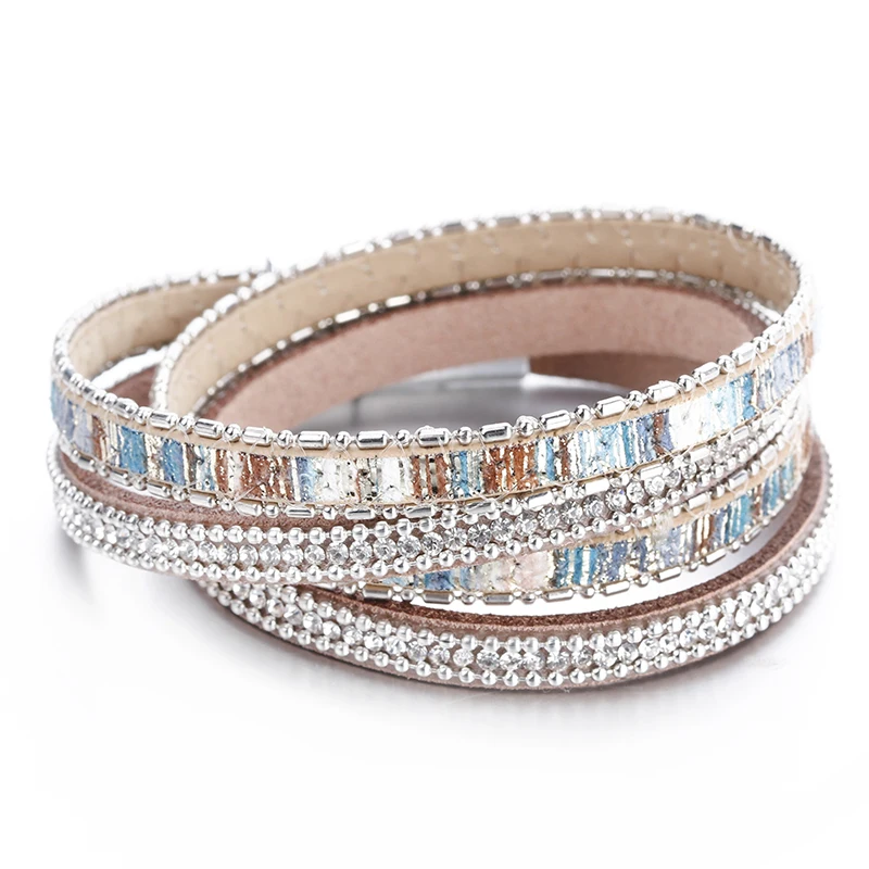 Leather Bracelet ALLYES Women Leather Bracelet Czech Crystal Vintage Boho Multiple Layered Bohemian Double Wrap Men Femme Jewelry Gifts